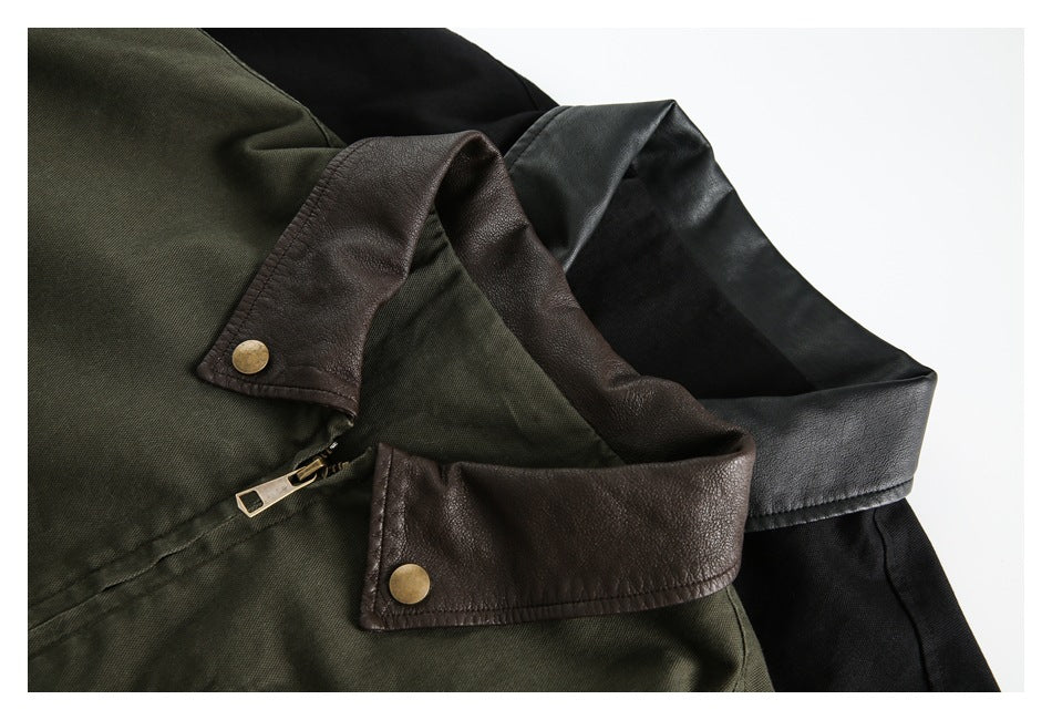 Close-up of olive and black jackets showing contrast collars, brass-tone snaps and zipper details.