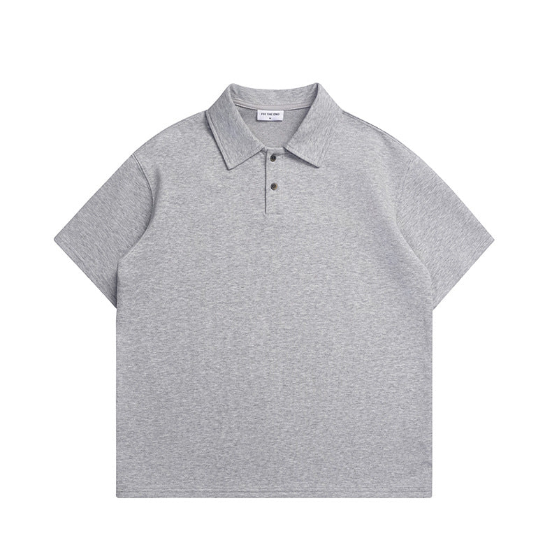 Heathered gray short-sleeve polo shirt with two-button placket, flat lay front view