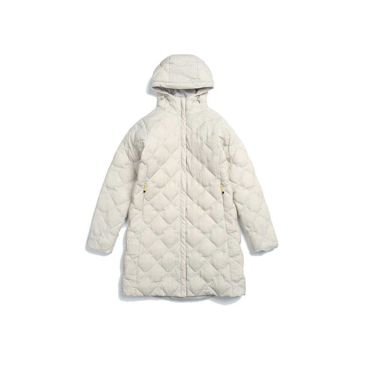 White quilted long hooded jacket with diamond pattern and yellow zipper pulls, flat lay front view