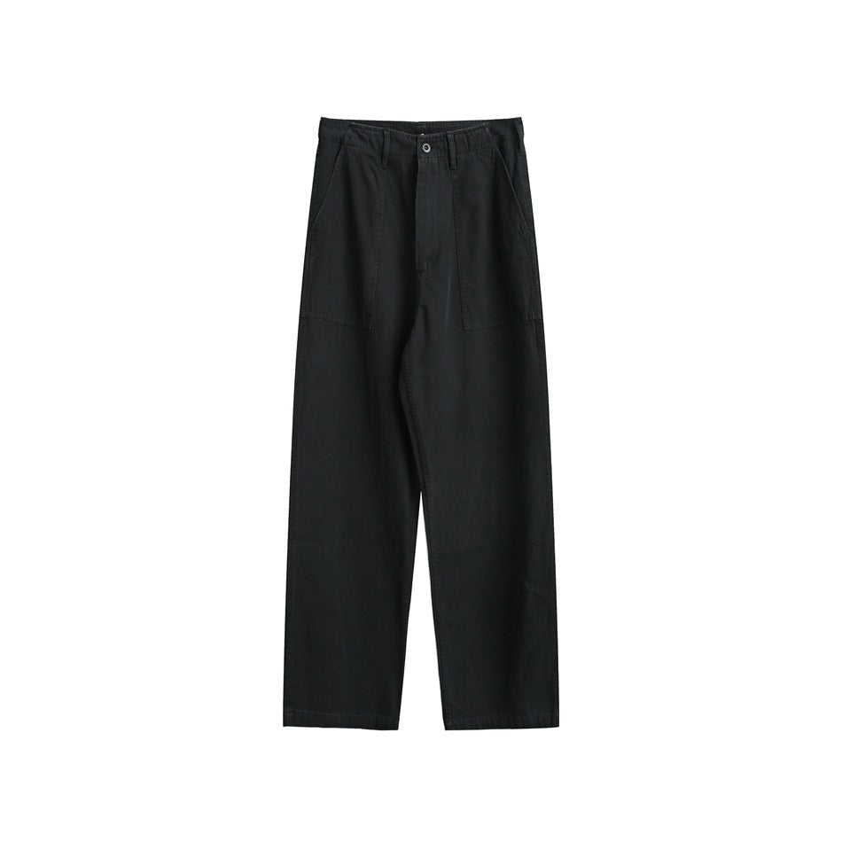 Black straight-leg utility pants flat lay, front view with patch pockets, button waistband and belt loops
