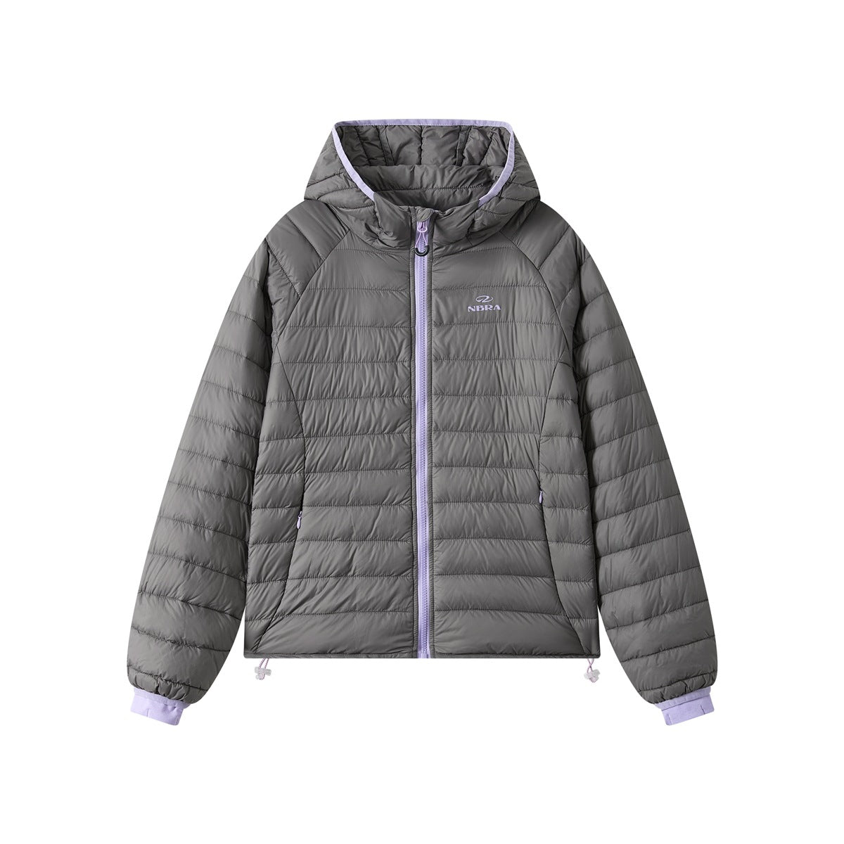 Dark gray hooded quilted jacket with lavender zipper, hood trim, cuffs and hem drawcords, front flat view