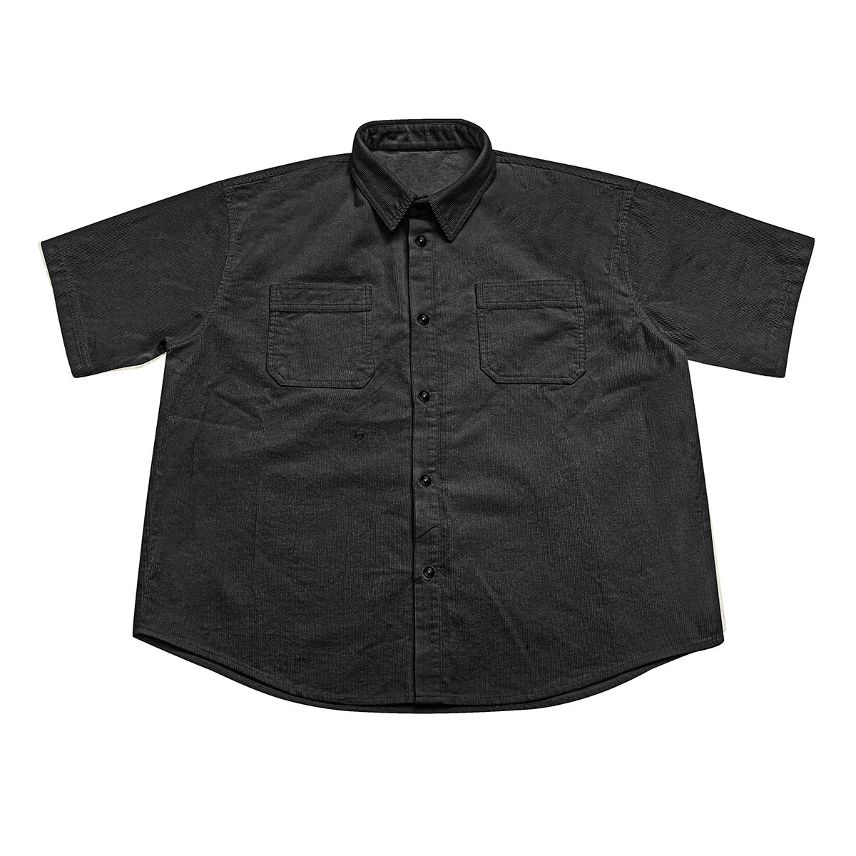 Black short-sleeve corduroy-texture button-up shirt with two flap chest pockets, laid flat