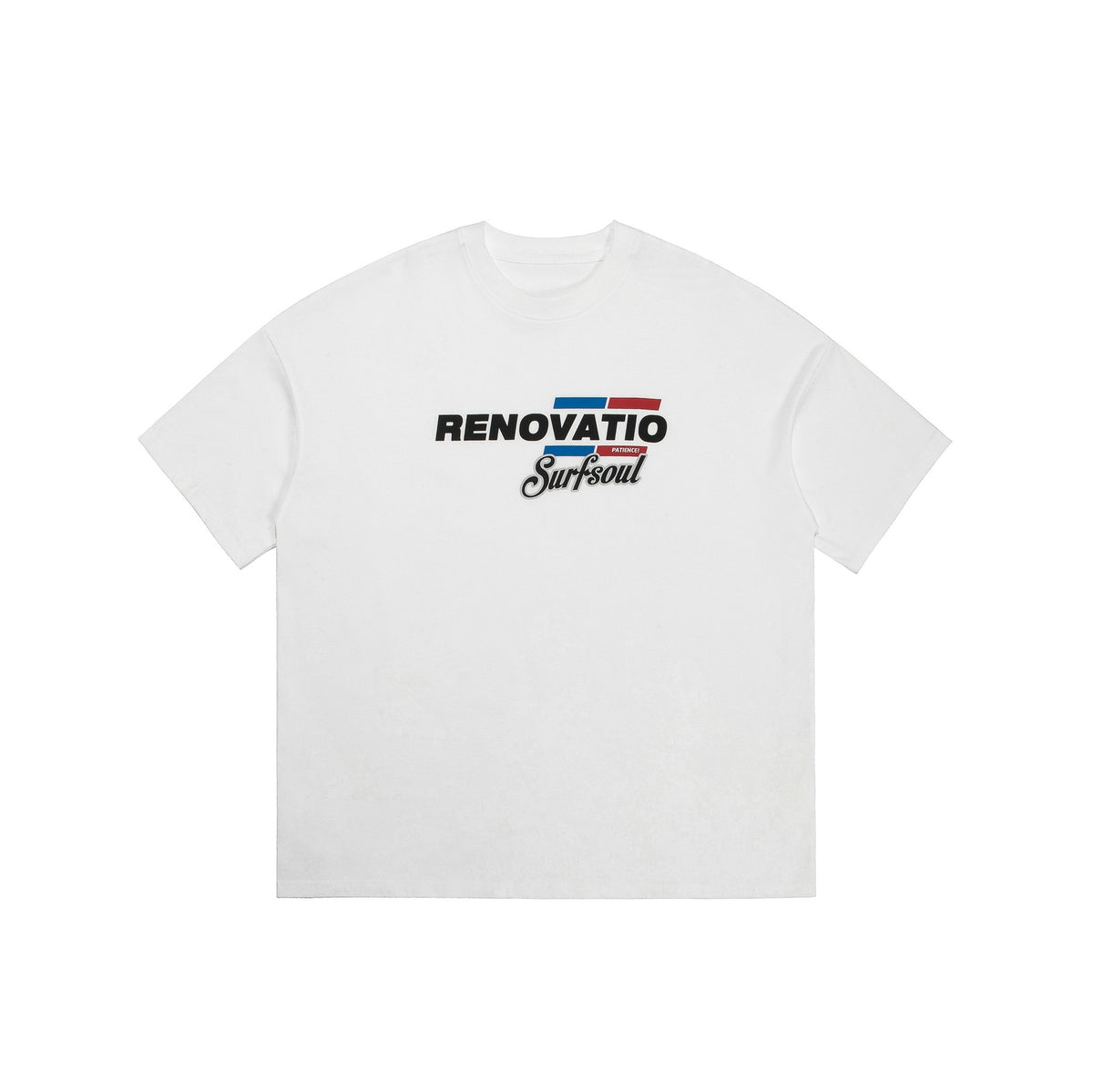 White short-sleeve crewneck t-shirt, front view, with black RENOVATIO and Surfsoul chest print with blue and red accents