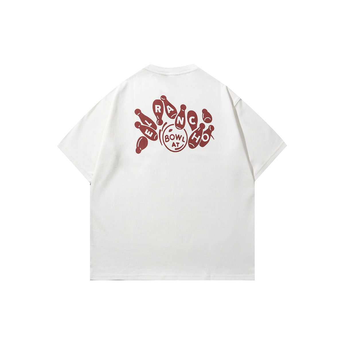 White short-sleeve T-shirt back with red bowling pin and Bowl At graphic print