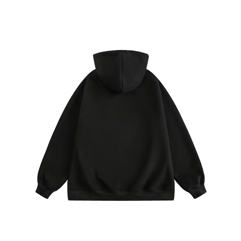 Back view of a black hoodie with a plain back, hood, ribbed cuffs, and ribbed hem.