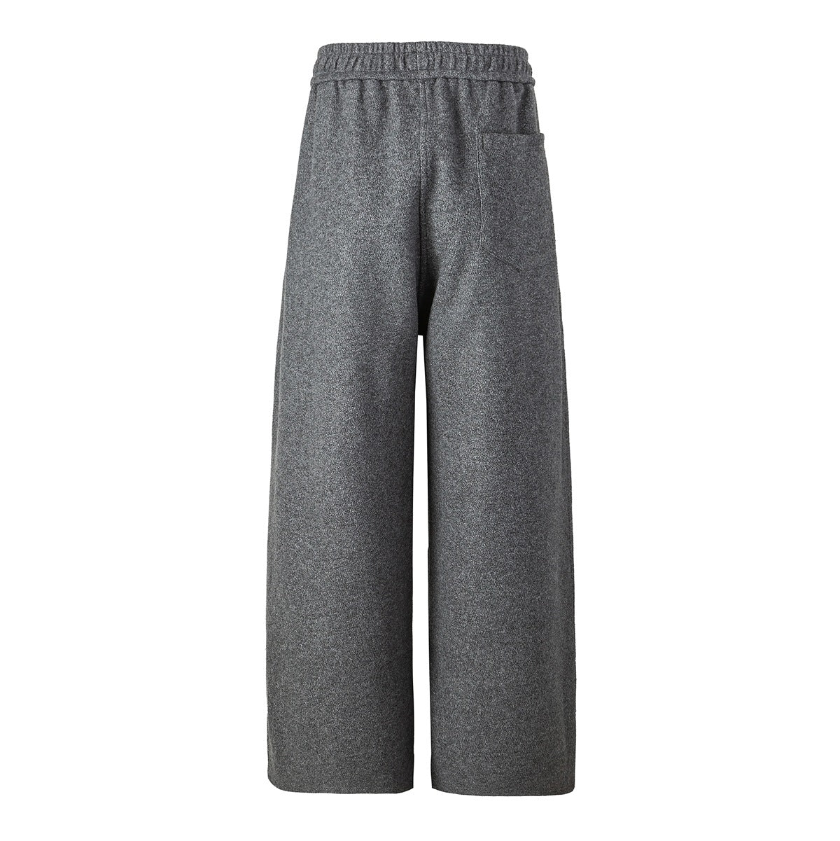 Back view of medium-gray wide-leg pants with an elastic waistband and a small rear pocket.