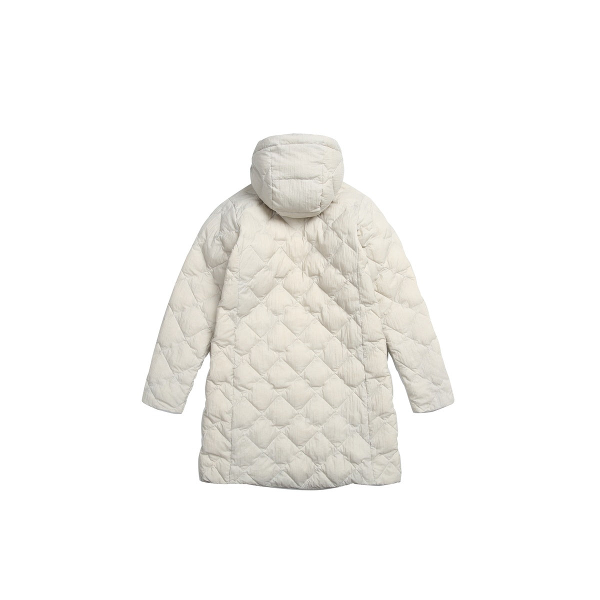 Back view of a light cream long hooded coat with diamond quilting, displayed against a white background.