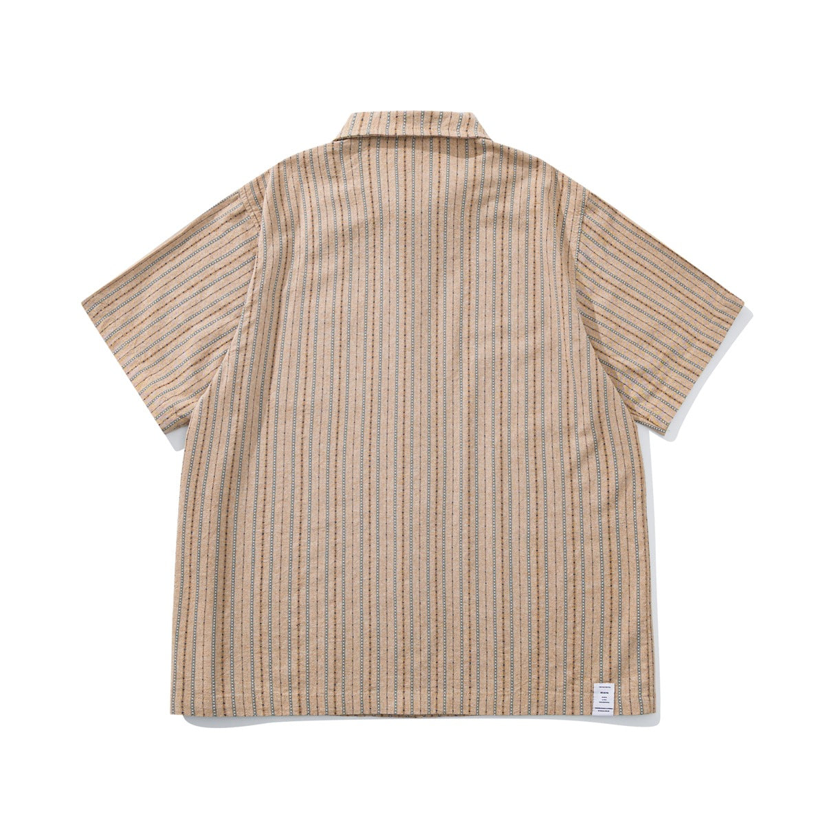 Back view of a tan short-sleeve collared shirt with narrow dark vertical stripes, laid flat on white.