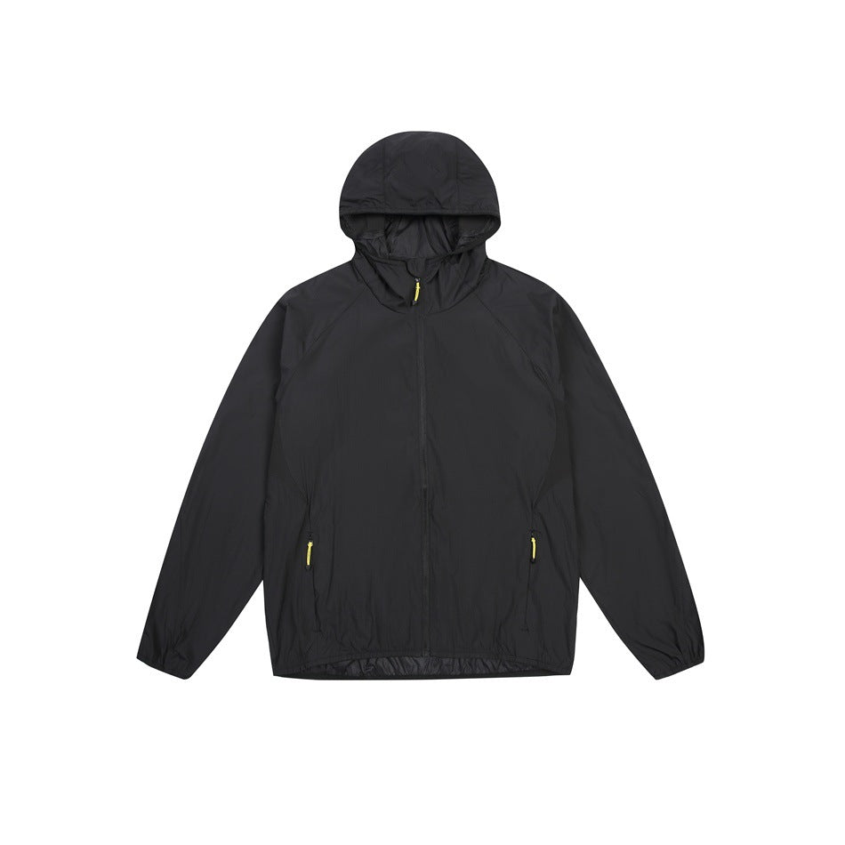 Black hooded full-zip jacket with raglan sleeves and yellow zipper pulls, flat front view