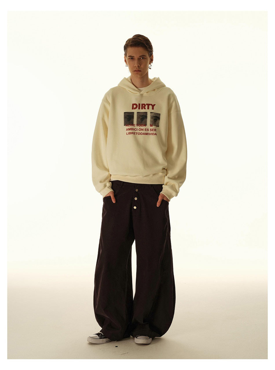 Full-length view of a model wearing an off-white graphic hoodie, dark baggy pants and sneakers