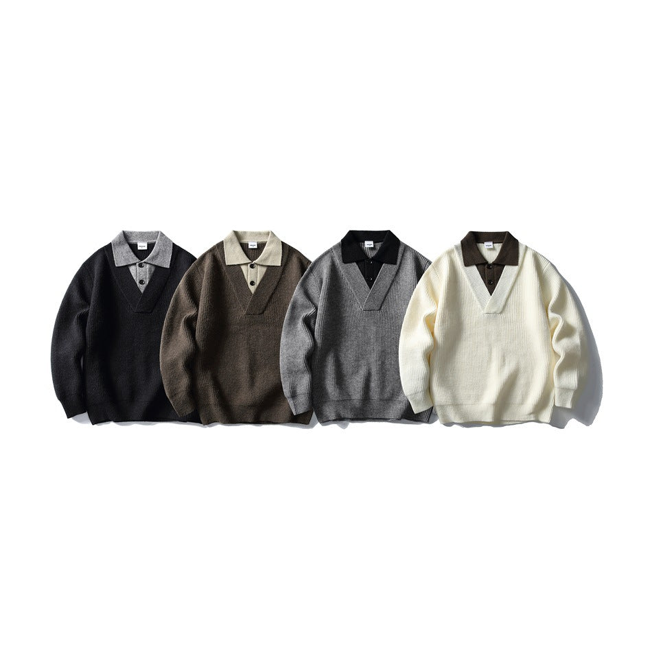Four collared V-neck sweaters displayed together in black, brown, gray, and ivory.