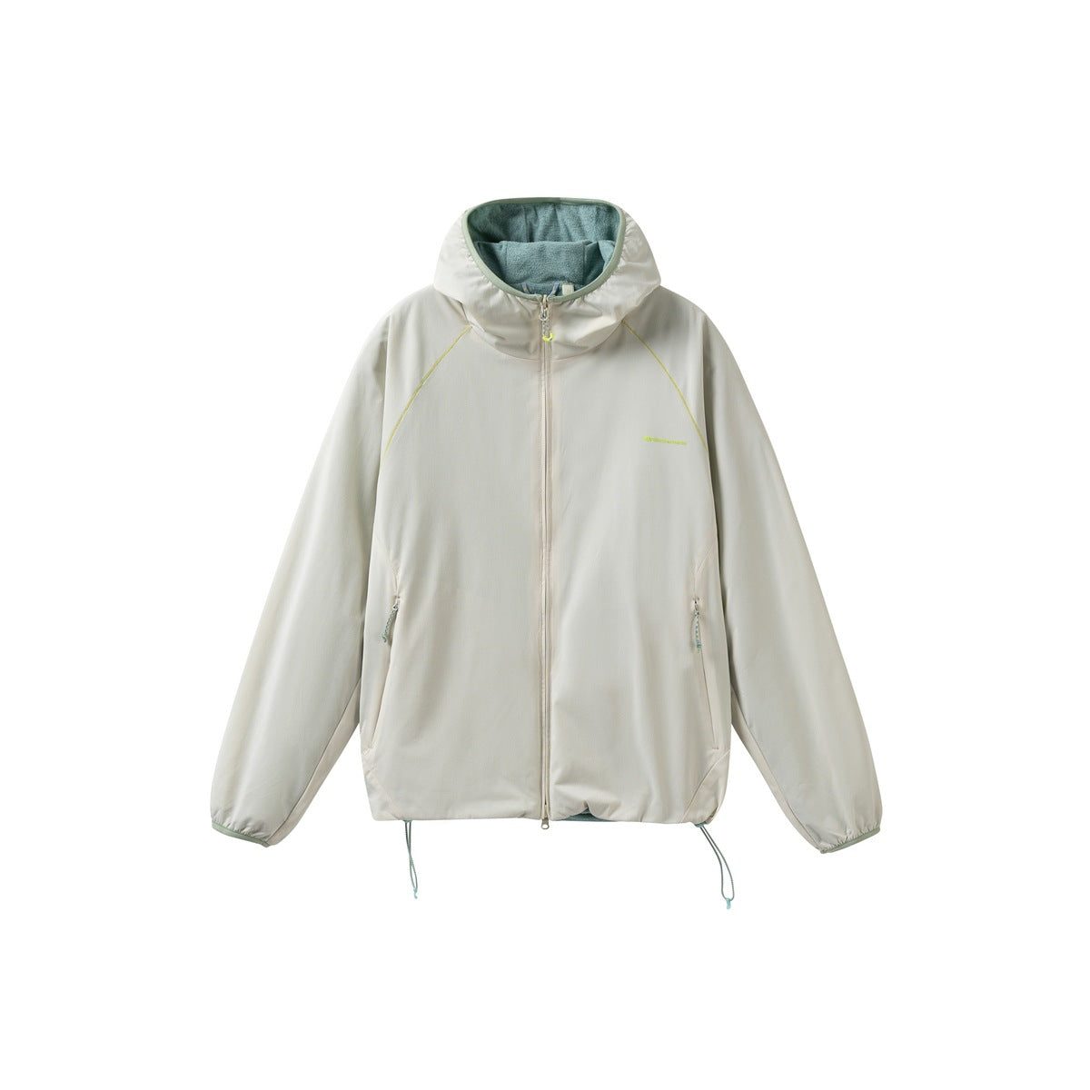 Cream white hooded zip jacket, front view, lime contrast stitching, side zip pockets, drawcord hem, teal fleece-like inner