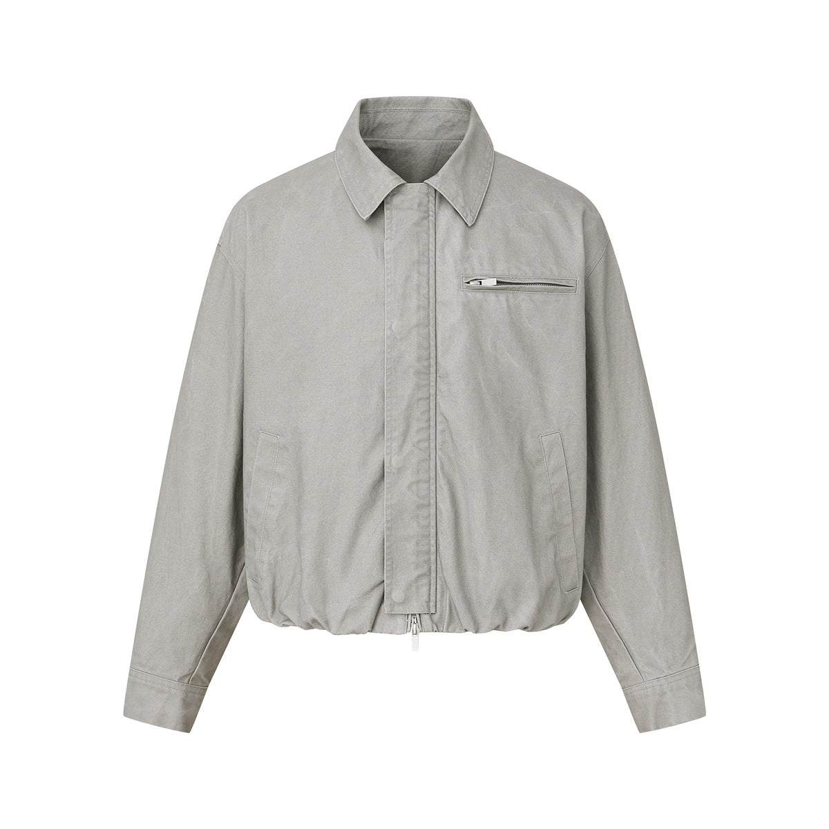 Gray washed collared zip jacket flat lay front with chest zip pocket, side pockets and elastic hem