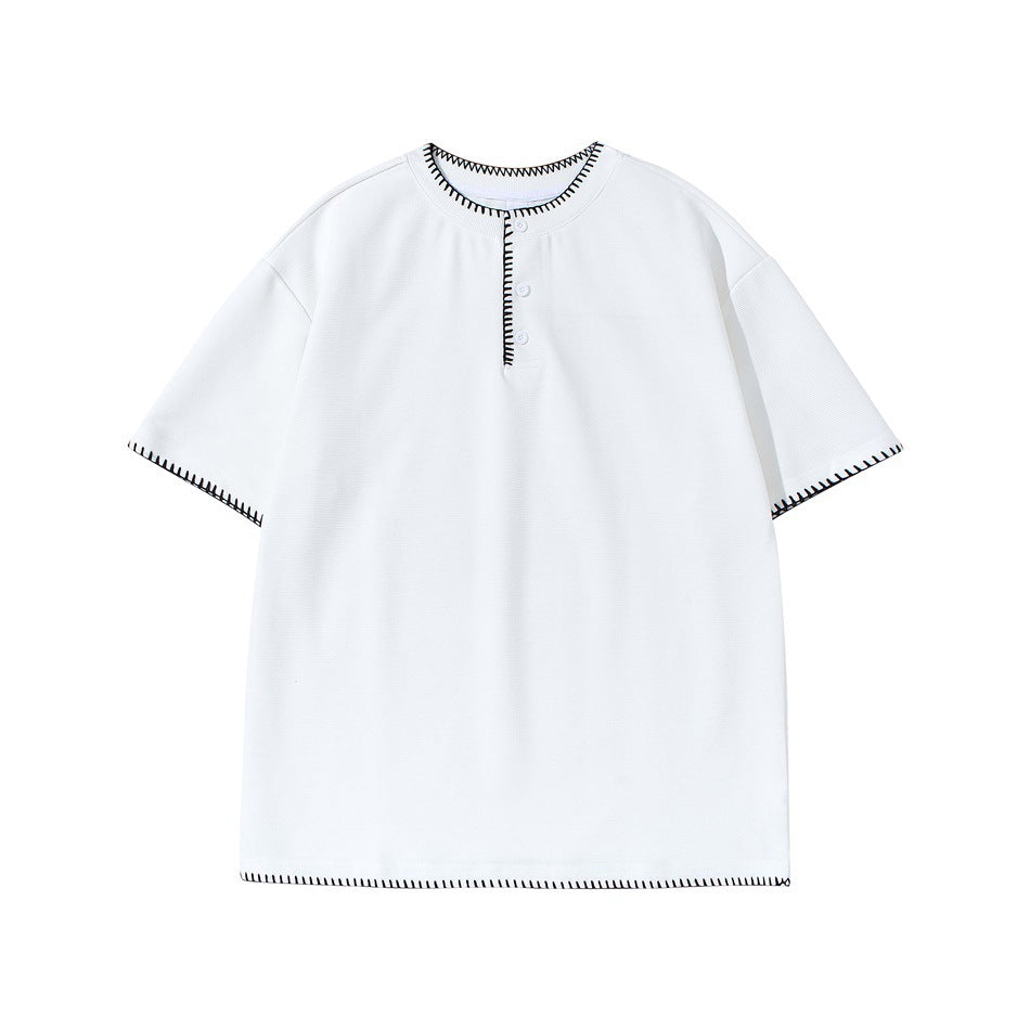 White short-sleeve Henley tee with black whipstitch trim at neckline, placket, sleeves and hem, flat lay