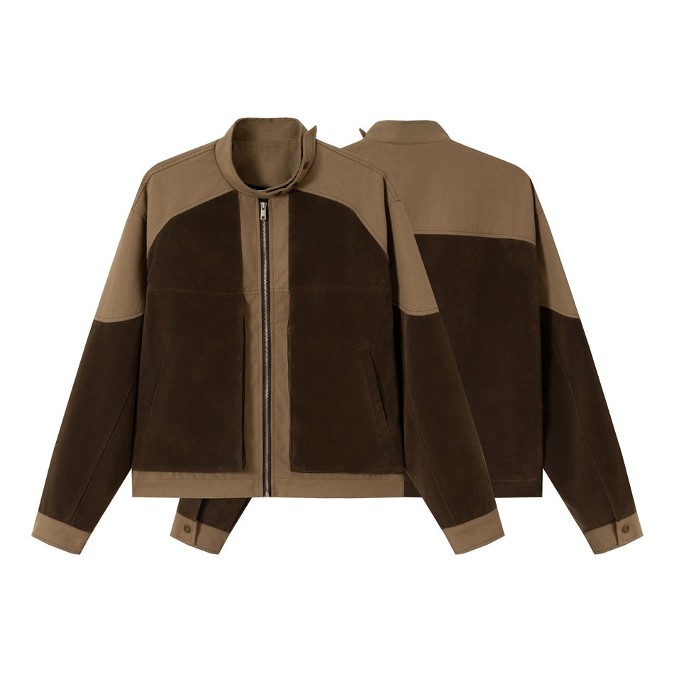 Two-tone brown zip jacket shown from the front and back, with a stand collar and contrast panels.