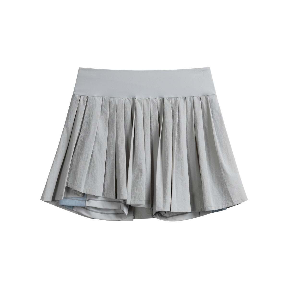 Paris gray high-waisted pleated mini skort, flat lay front view with light blue inner layer accent