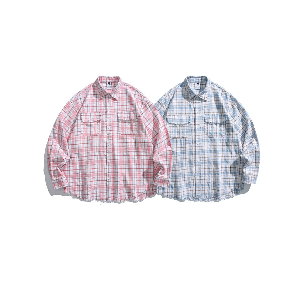 Two plaid button-up shirts displayed side by side: one pink and white, the other blue and white.