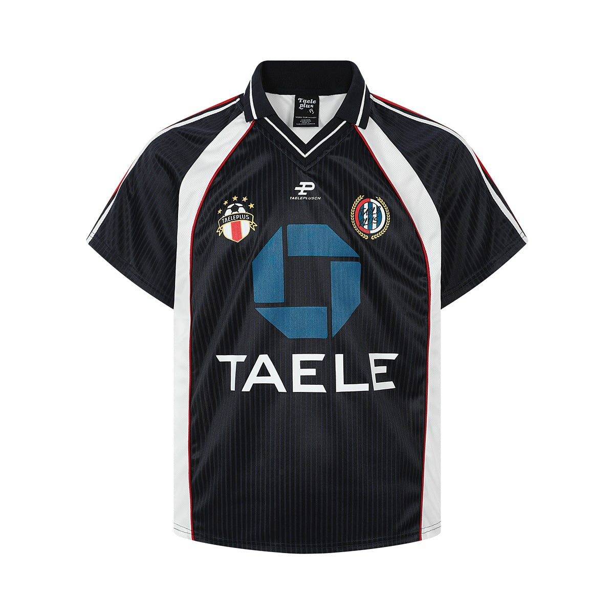 Navy short-sleeve retro jersey with white raglan panels, red piping, chest crests and large blue graphic