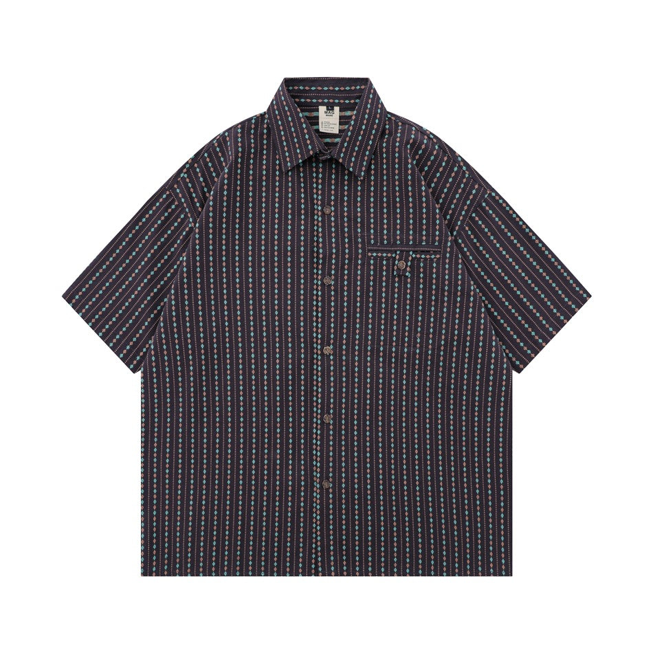 Front view of a dark shirt with short sleeves, a button front, chest pocket, and teal and brown geometric stripes.