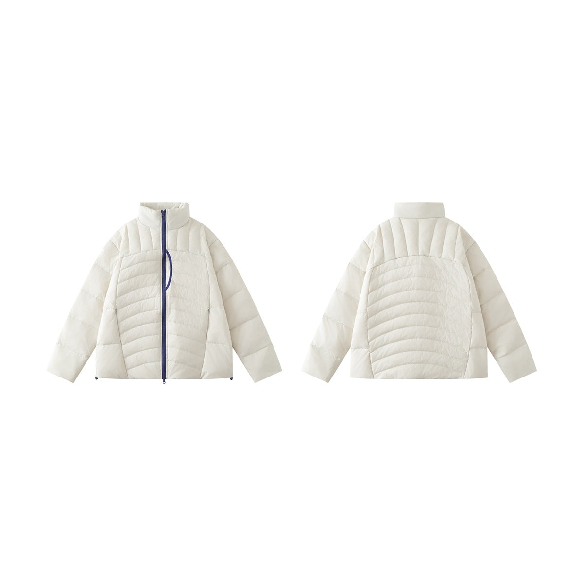 Ivory quilted jacket shown from the front and back, with a dark blue front zipper and tall collar.