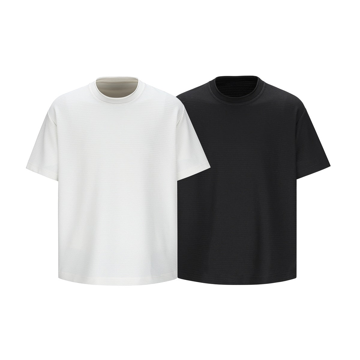Two short-sleeve crew-neck T-shirts shown from the front, one white and one black.