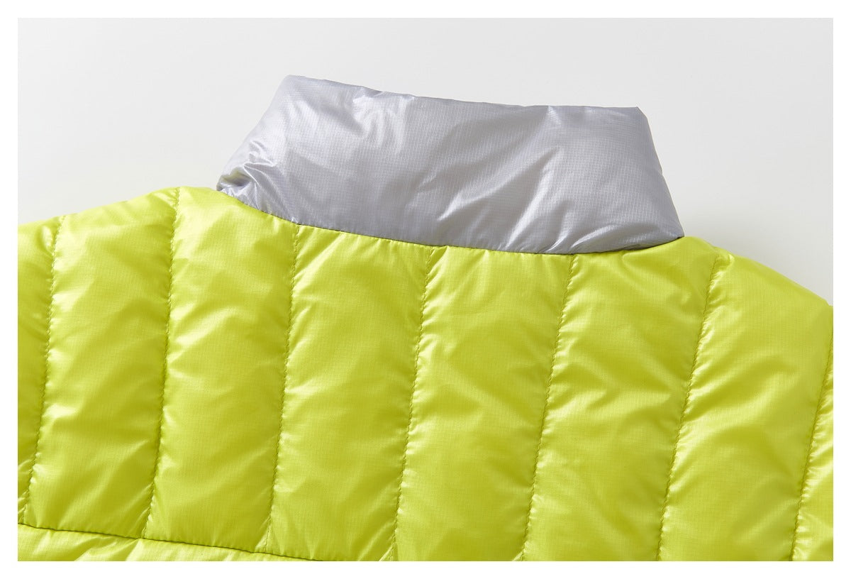 Close-up of the chartreuse quilted vest's tall gray collar and upper back panels.