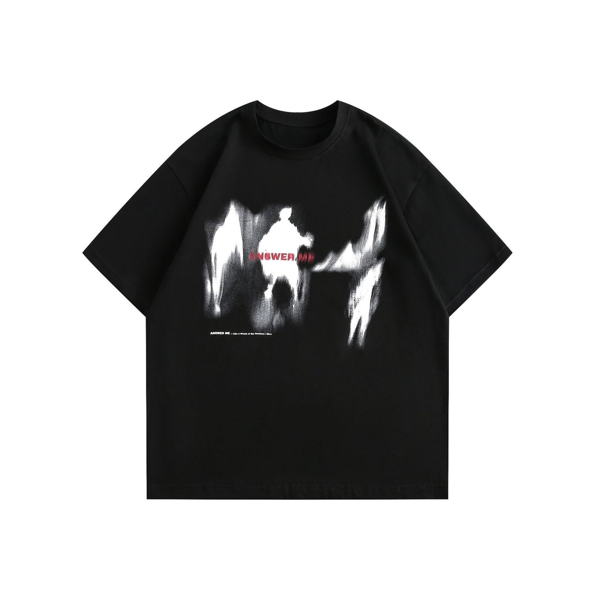 Black short-sleeve crew-neck T-shirt with blurred white figure graphic and red 'ANSWER ME' lettering, flat lay