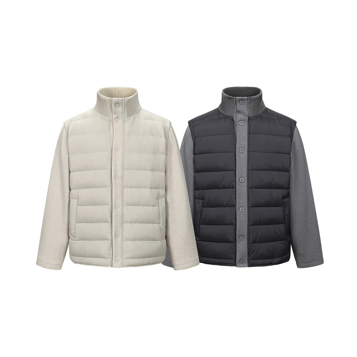 Two front views of button-front jackets with quilted bodies and knit sleeves, in cream and charcoal gray.