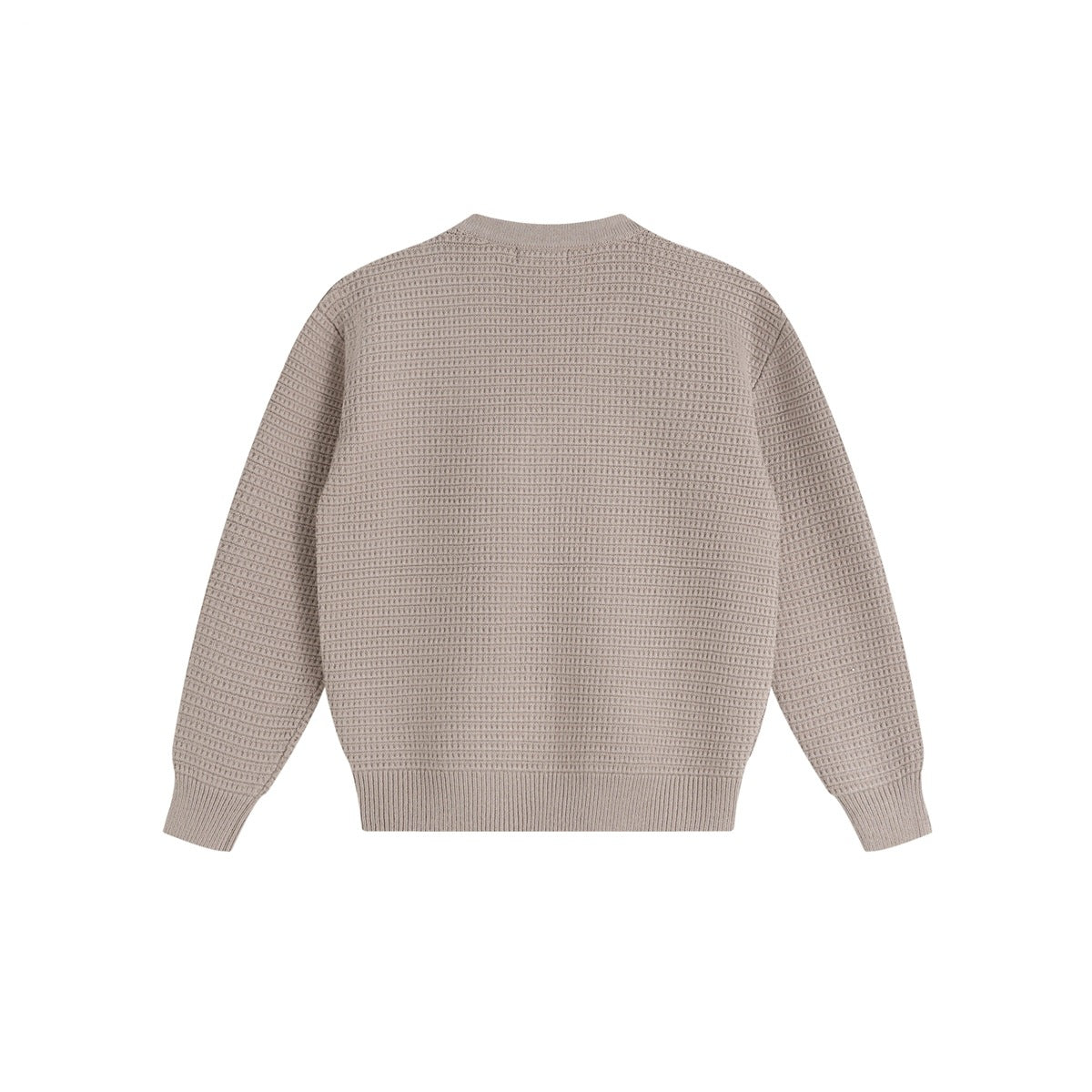 Back view of a taupe button-front cardigan with long sleeves and a textured knit pattern.