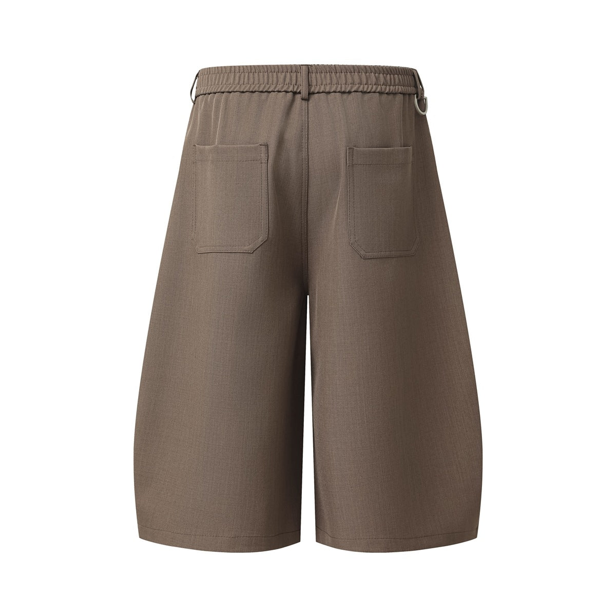 Coffee brown wide-leg shorts back view with elastic waistband and two patch pockets