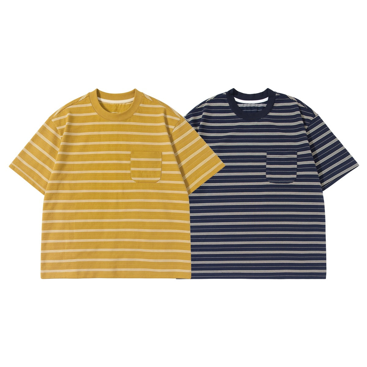 Front view of two striped crew-neck T-shirts with chest pockets, one mustard yellow and one navy blue.