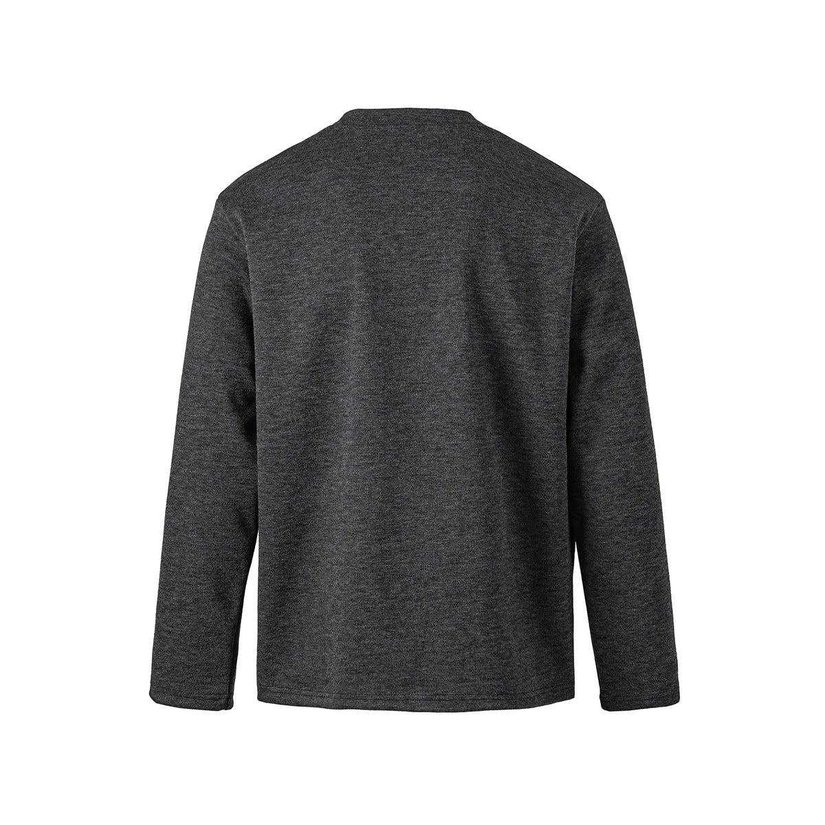 Back view of dark charcoal gray heathered long-sleeve pullover with round neckline