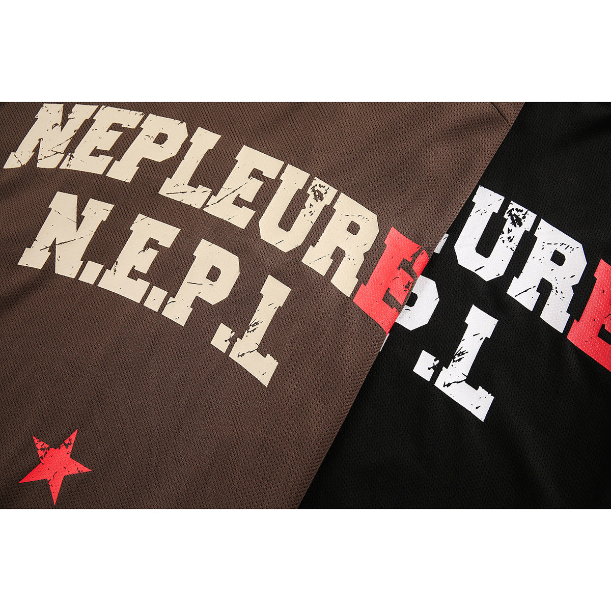 Close-up of distressed cream and white lettering with red accents printed on brown and black shirts.