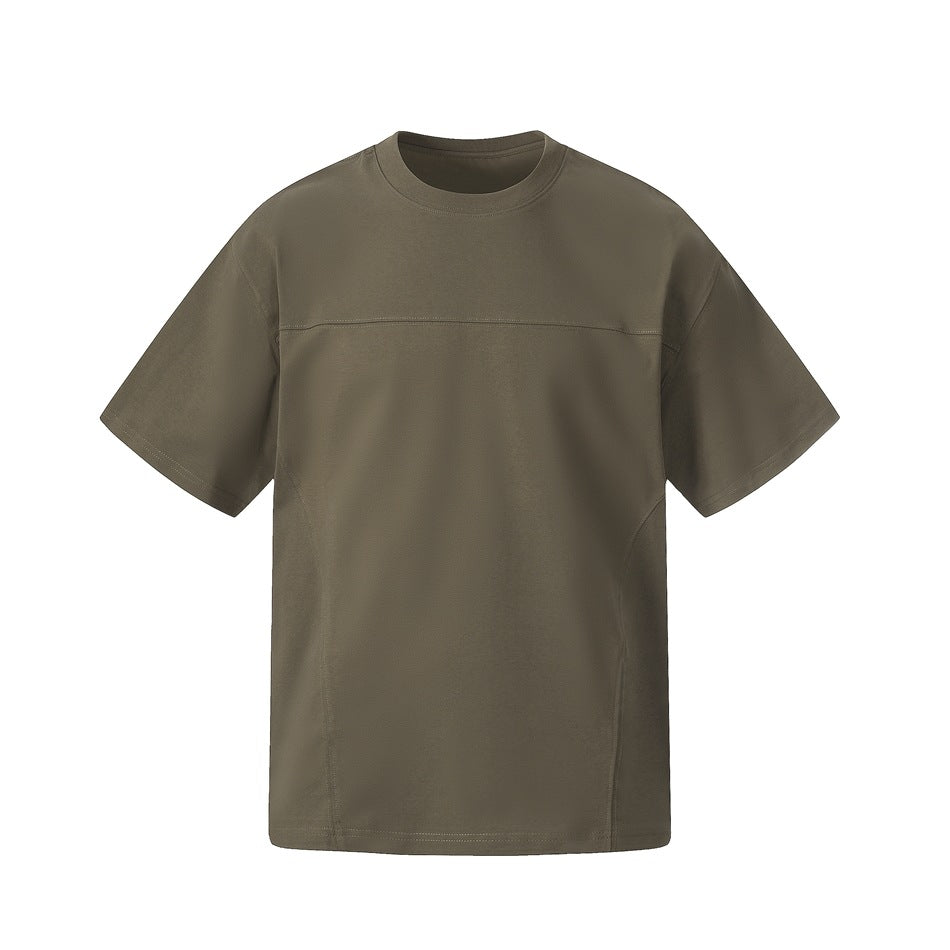 Army green short-sleeve crew-neck t-shirt with chest yoke seam and curved panel seams, flat front view