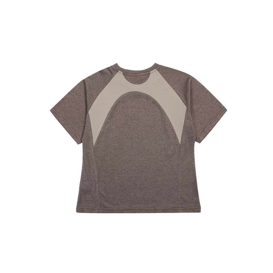Flat front view of a brown short-sleeve crew-neck tee with light taupe curved panels.