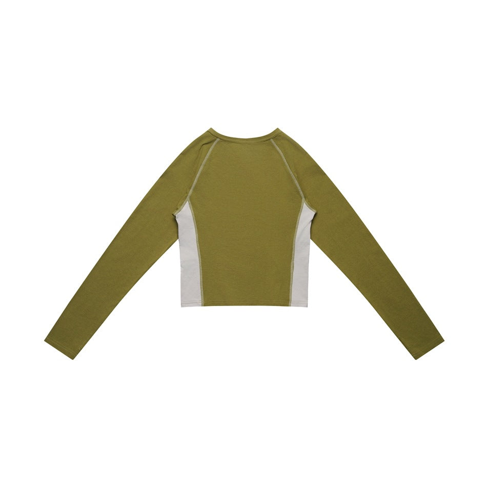 Back view of an olive long-sleeve cropped top with white side panels and contrast seam lines.