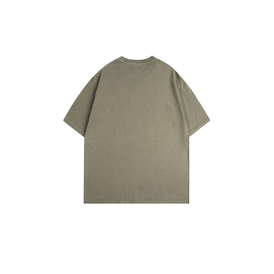 Army green short-sleeve crew neck T-shirt, plain back view, flat lay