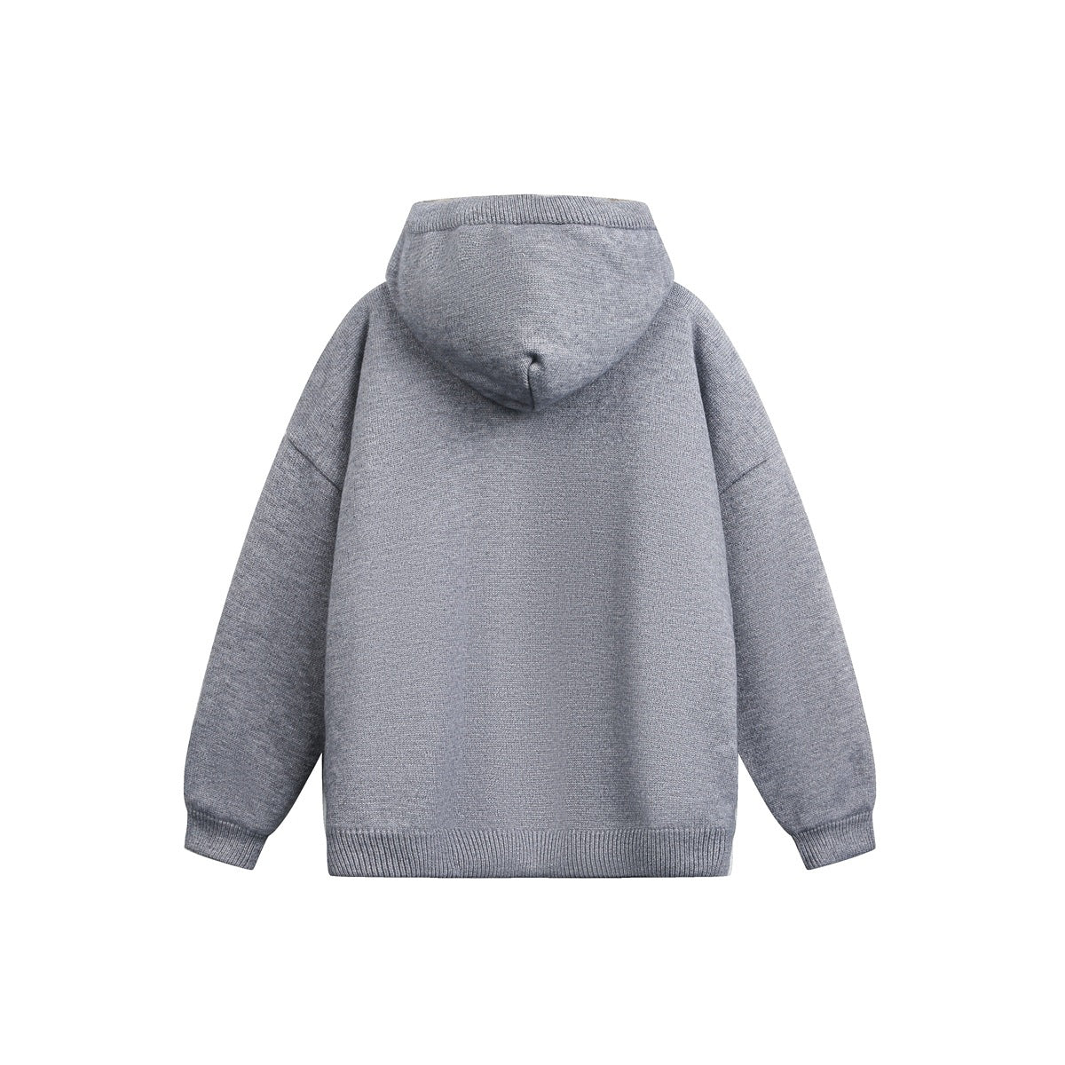 Back view of a light gray knit hoodie with a hood, long sleeves, and ribbed cuffs and hem.