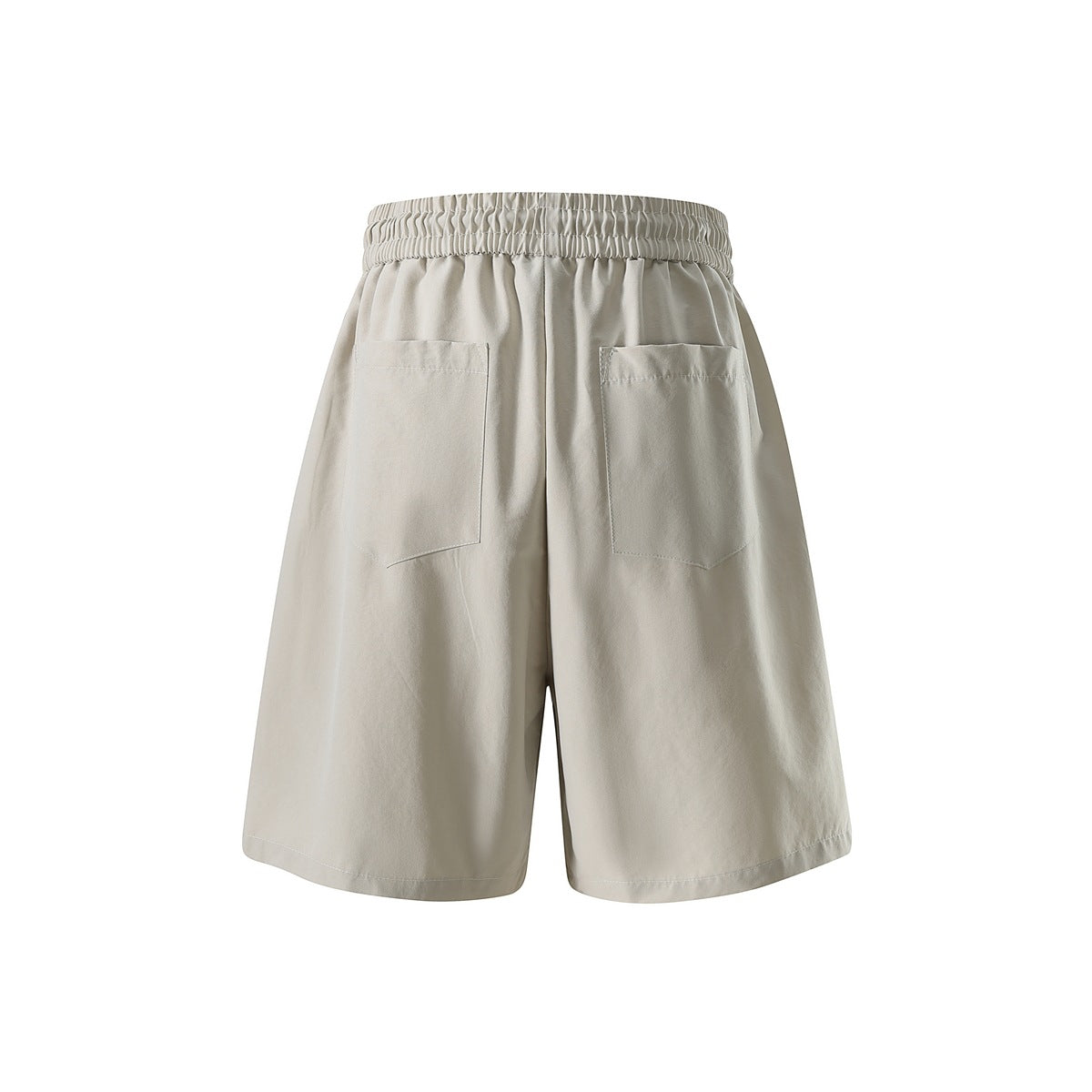 Back view of beige wide-leg shorts with an elastic waistband and two patch pockets.