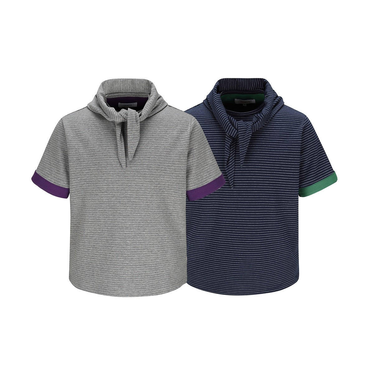 Two short-sleeve striped shirts: a gray version with purple cuffs and a navy version with green cuffs, both with draped
