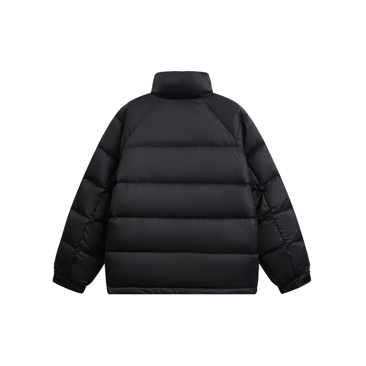 Back view of a black quilted puffer jacket with a high collar and black cuff tabs.