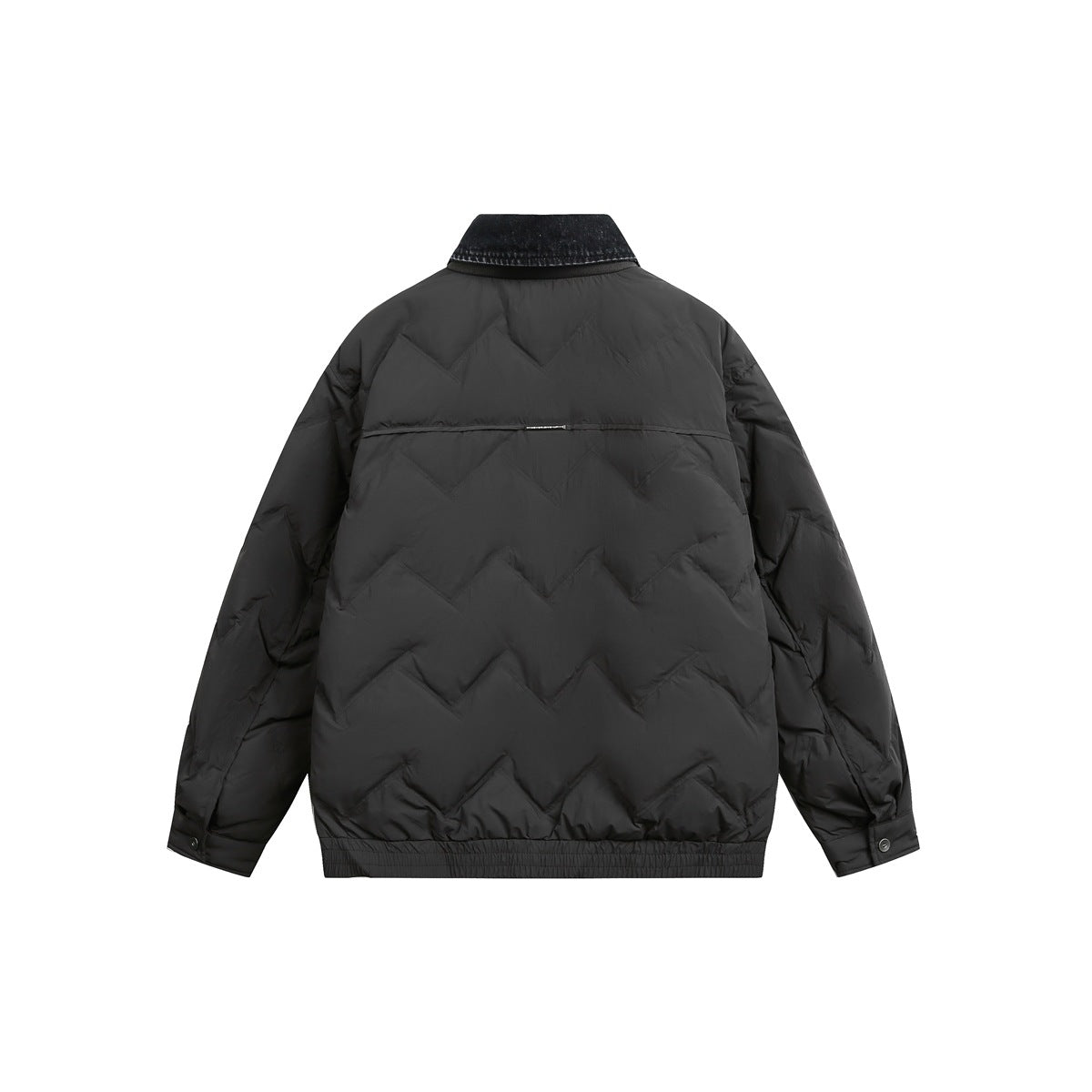 Back view of a charcoal-gray quilted jacket with a black collar and elasticated hem.