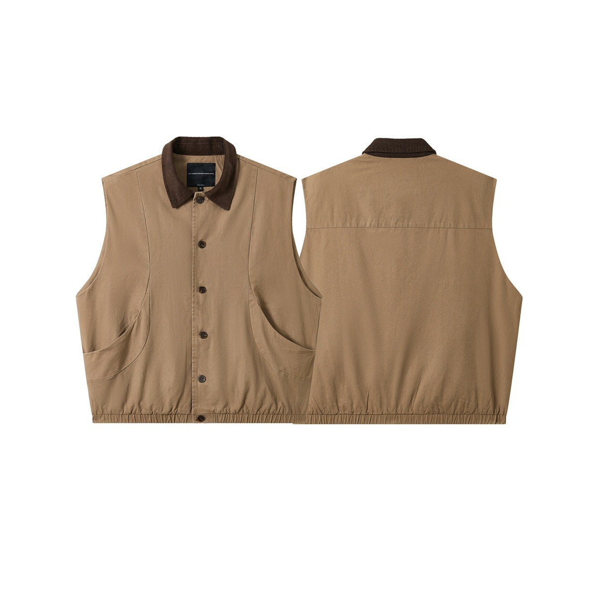 Tan sleeveless button-front vest shown from the front and back, with a dark brown collar and elastic hem.