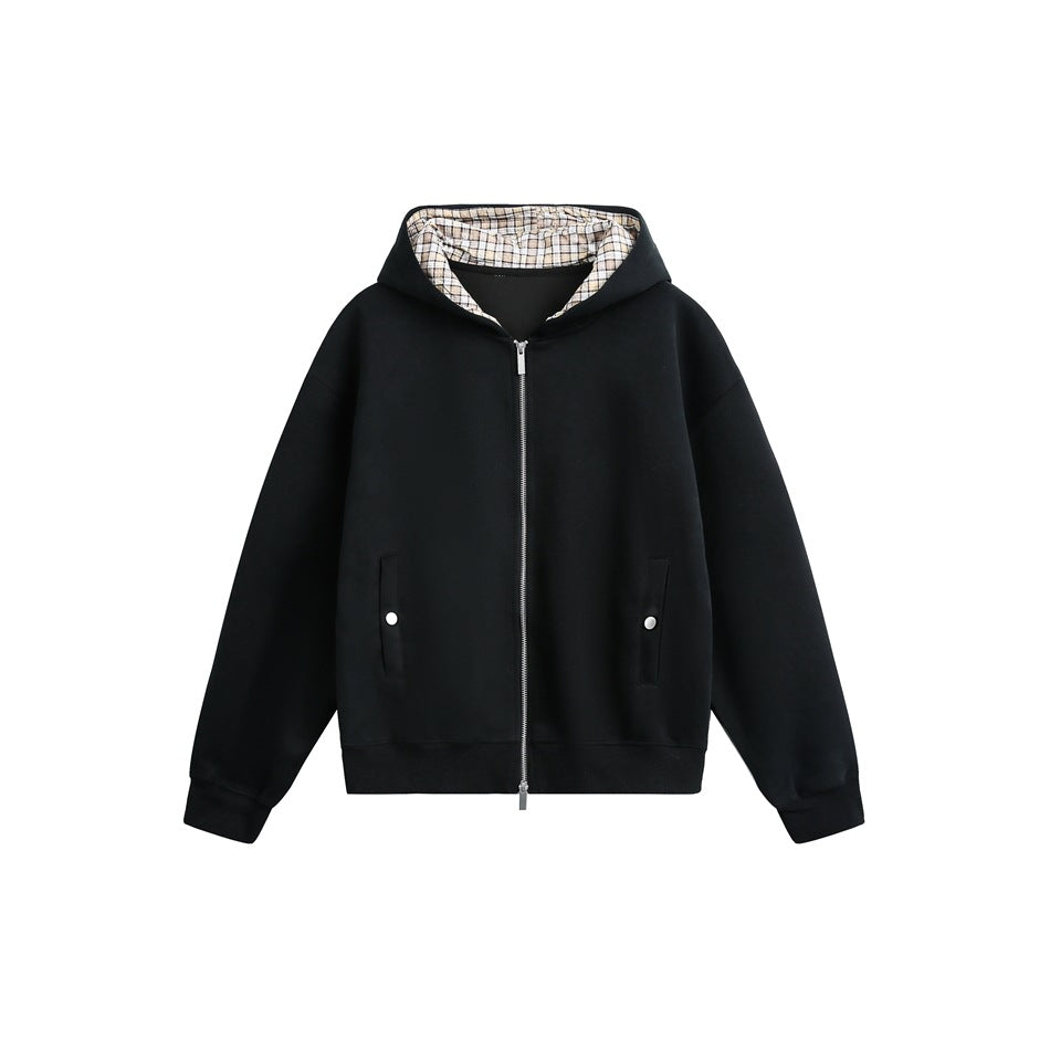 Black zip-up hoodie with beige check hood lining, silver zipper, snap-detail side pockets and ribbed cuffs and hem