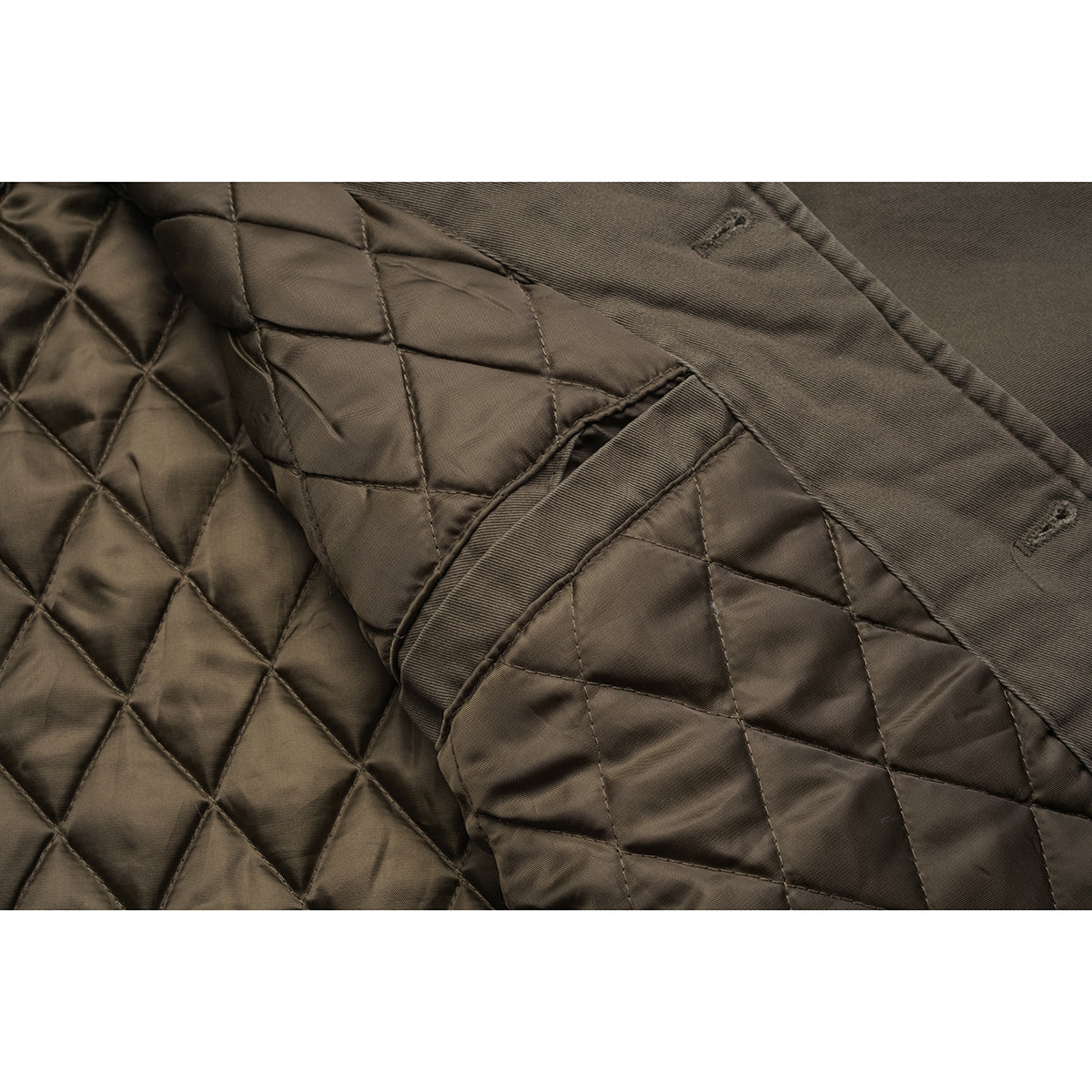 Close-up of the olive-brown jacket's diamond-quilted lining and interior construction.