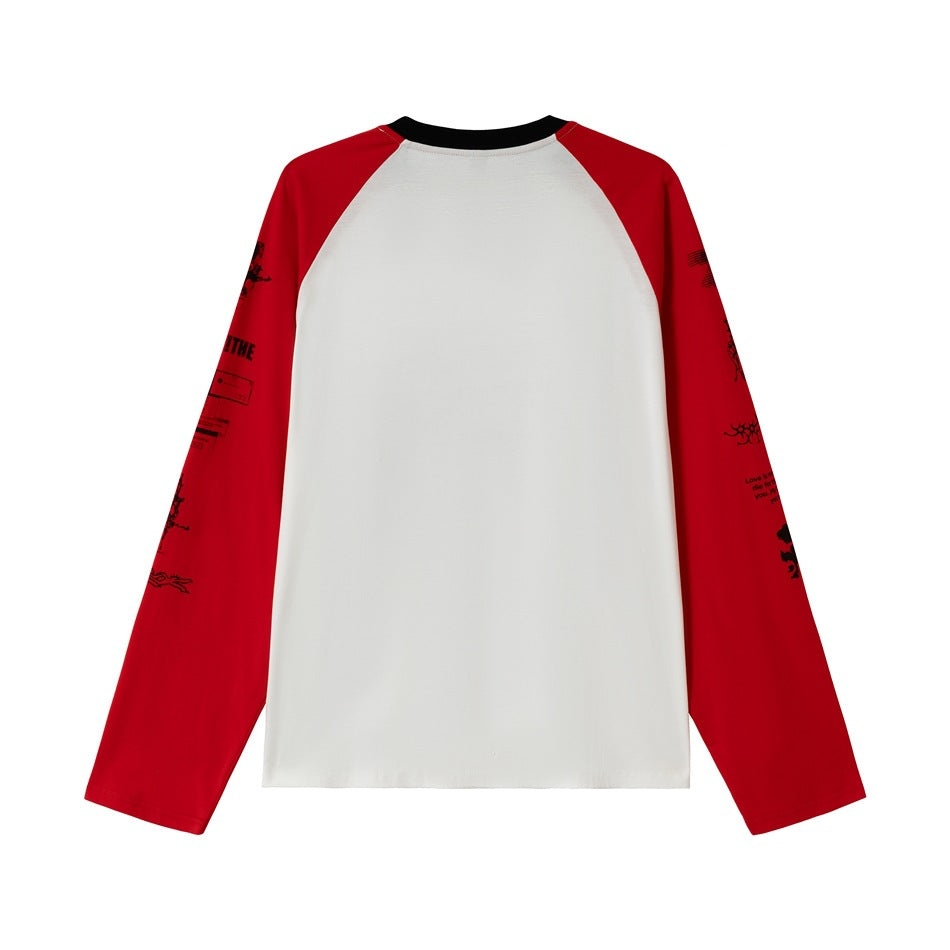 Back view of a white raglan long-sleeve shirt with red sleeves, black collar and black printed sleeve graphics.
