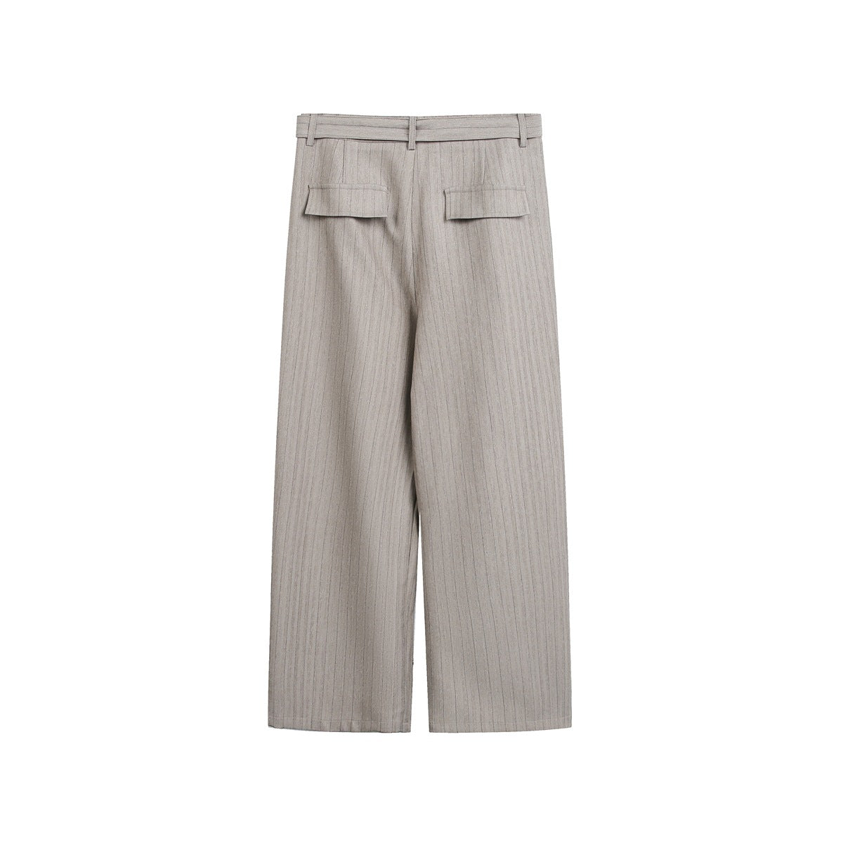 Back view of taupe-gray pinstriped wide-leg trousers with belt loops and two welt pockets.