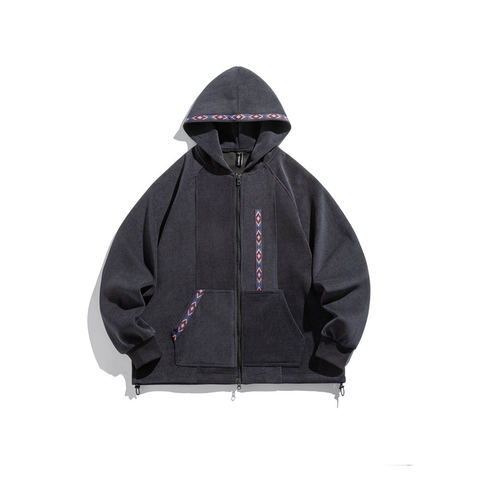 Gray ribbed zip-up hoodie with woven geometric trim on the hood, front panel and pocket, flat front view