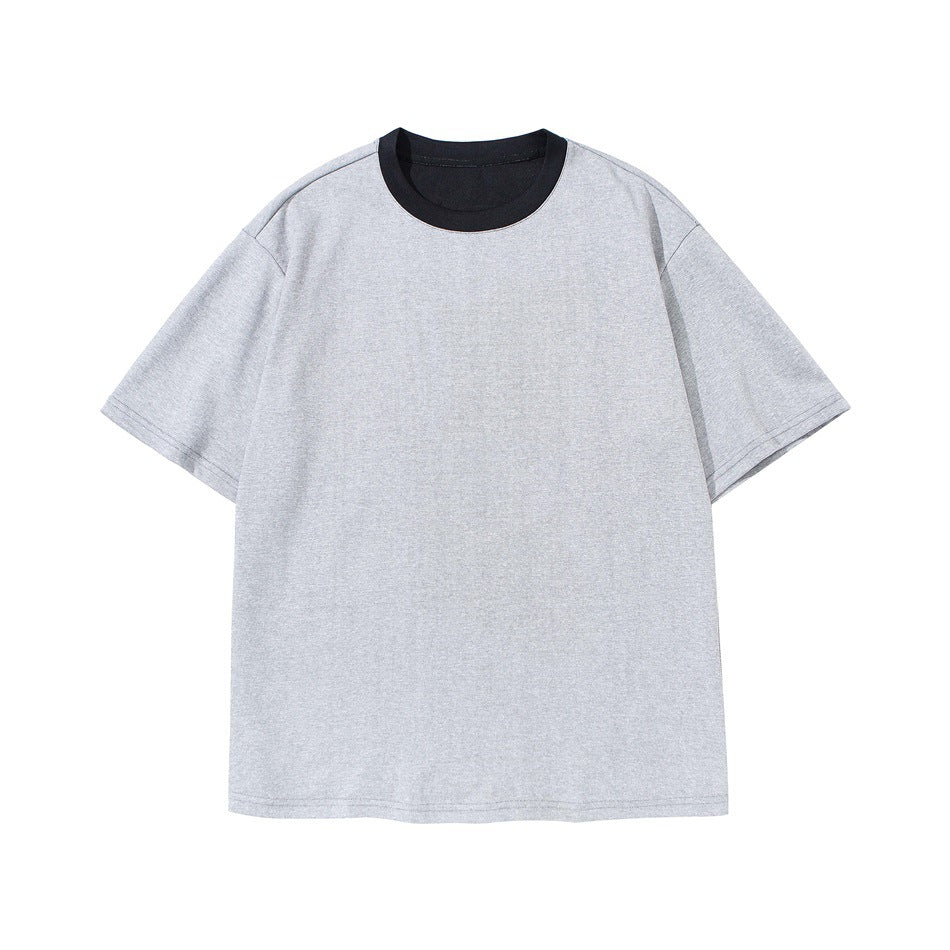 Light heather gray short-sleeve T-shirt with black contrast collar, flat front view