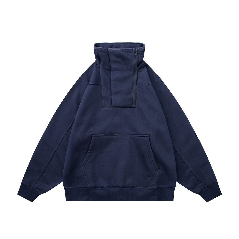 Dark blue sweatshirt with high collar, diagonal zipper and front pouch pocket, flat front view